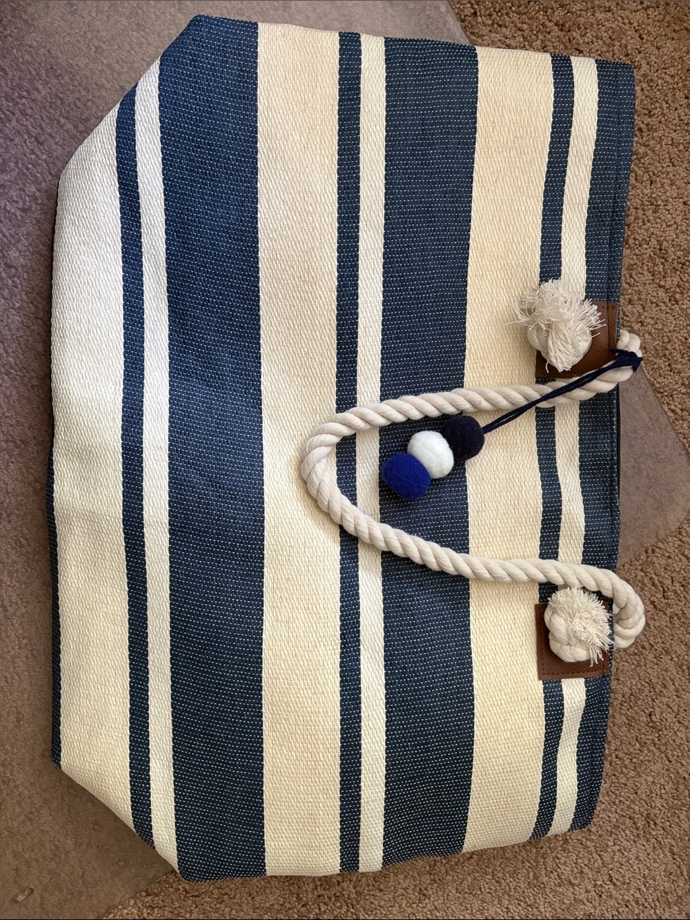 Striped Navy and Cream Canvas Tote with Rope Handles